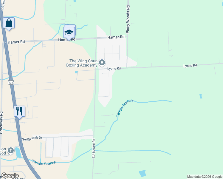 map of restaurants, bars, coffee shops, grocery stores, and more near 100-206 Lyons Road in Owens Cross Roads