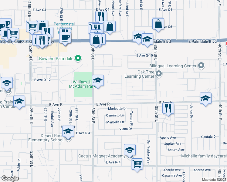 map of restaurants, bars, coffee shops, grocery stores, and more near 3116 East Avenue Q-14 in Palmdale
