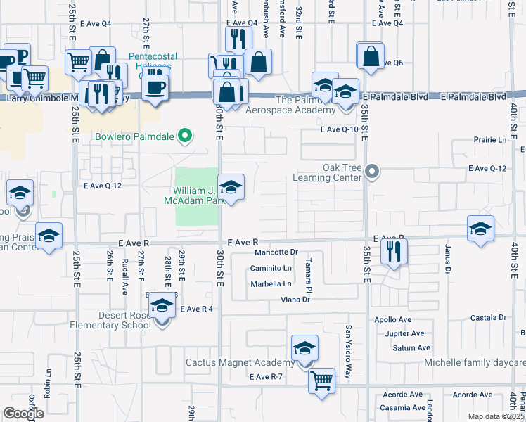 map of restaurants, bars, coffee shops, grocery stores, and more near 3106 East Avenue Q 14 in Palmdale