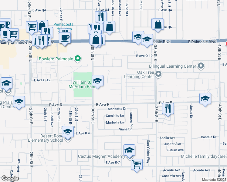 map of restaurants, bars, coffee shops, grocery stores, and more near 3116 East Avenue Q-14 in Palmdale