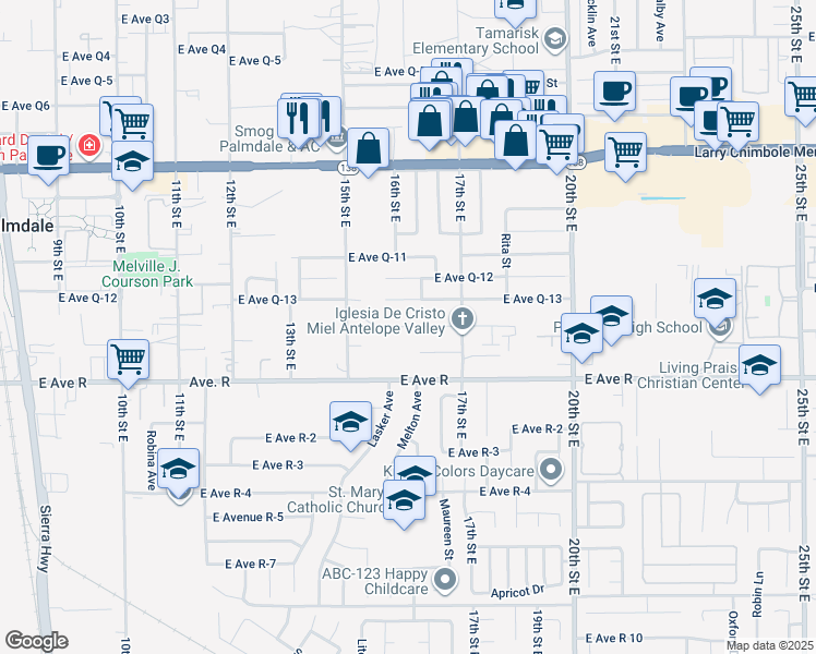 map of restaurants, bars, coffee shops, grocery stores, and more near East Avenue Q14 in Los Angeles County