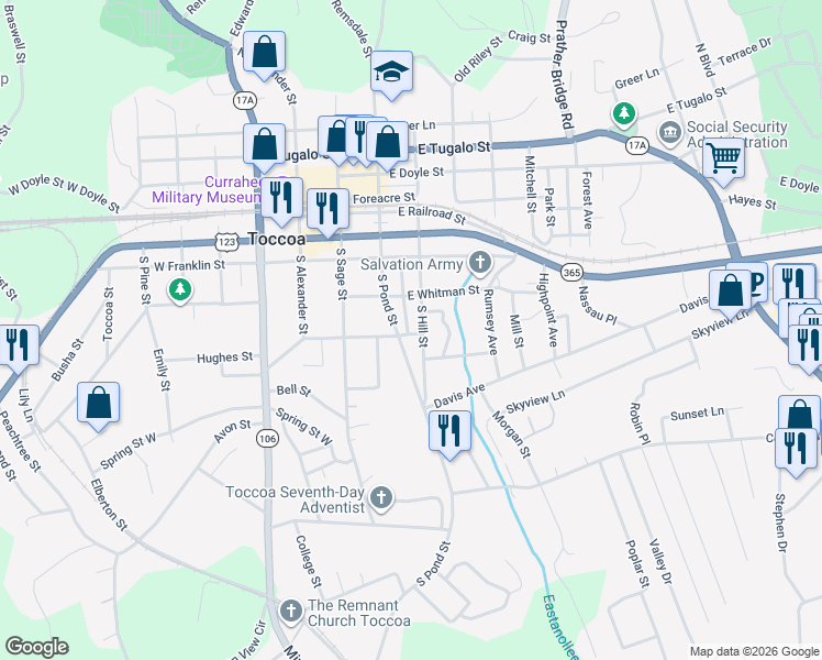 map of restaurants, bars, coffee shops, grocery stores, and more near 151 South Hill Street in Toccoa