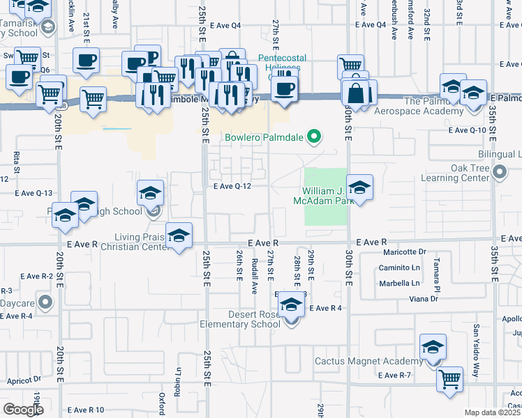 map of restaurants, bars, coffee shops, grocery stores, and more near 2657 East Avenue Q-14 in Palmdale