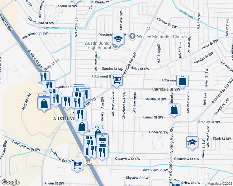 map of restaurants, bars, coffee shops, grocery stores, and more near 1309 Carridale Street Southwest in Decatur