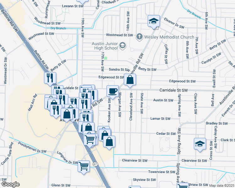 map of restaurants, bars, coffee shops, grocery stores, and more near 1501 Danville Road Southwest in Decatur