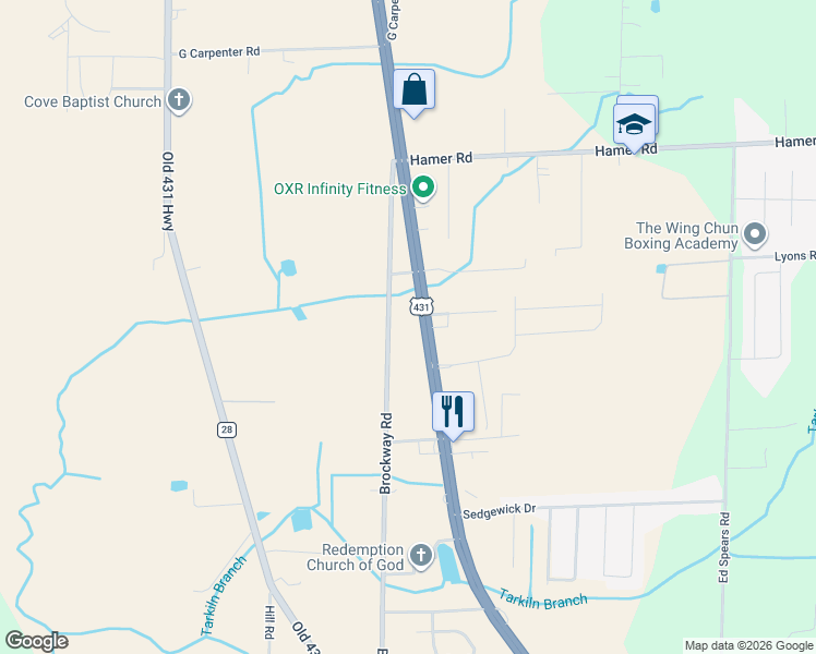 map of restaurants, bars, coffee shops, grocery stores, and more near 9312 U.S. 431 in Owens Cross Roads