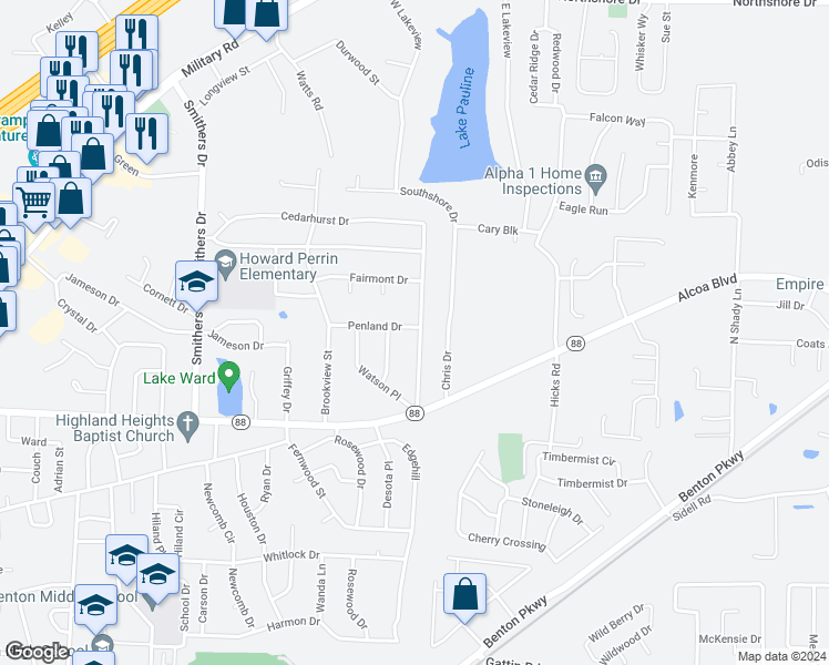 map of restaurants, bars, coffee shops, grocery stores, and more near 2121 Penland Drive in Benton