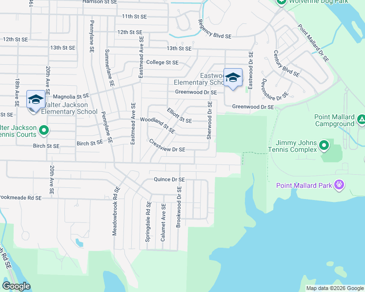 map of restaurants, bars, coffee shops, grocery stores, and more near 2409 Woodland Street Southeast in Decatur