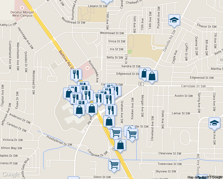 map of restaurants, bars, coffee shops, grocery stores, and more near 1715 Carridale Street Southwest in Decatur