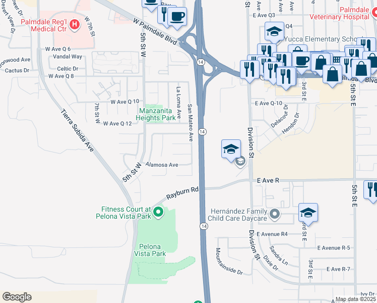 map of restaurants, bars, coffee shops, grocery stores, and more near 325 Rainbow Terrace in Palmdale