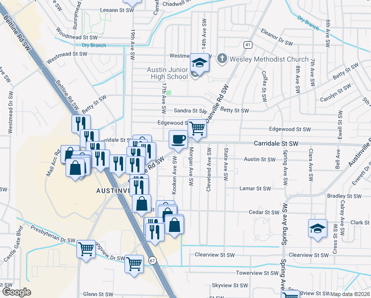 map of restaurants, bars, coffee shops, grocery stores, and more near 1501 Danville Road Southwest in Decatur