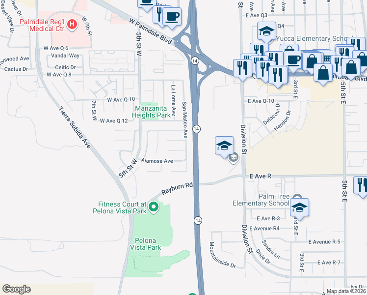 map of restaurants, bars, coffee shops, grocery stores, and more near 325 Rainbow Terrace in Palmdale