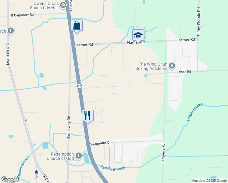 map of restaurants, bars, coffee shops, grocery stores, and more near 173 Honeysuckle Avenue in Owens Cross Roads