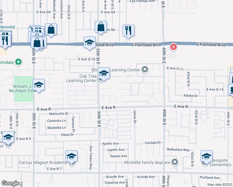 map of restaurants, bars, coffee shops, grocery stores, and more near 3577 Adobe Drive in Palmdale
