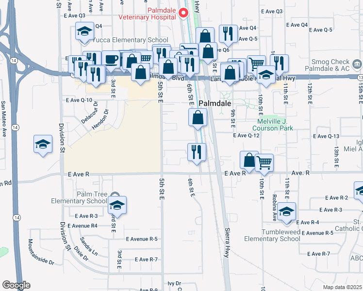 map of restaurants, bars, coffee shops, grocery stores, and more near 550 East Avenue Q12 in Palmdale