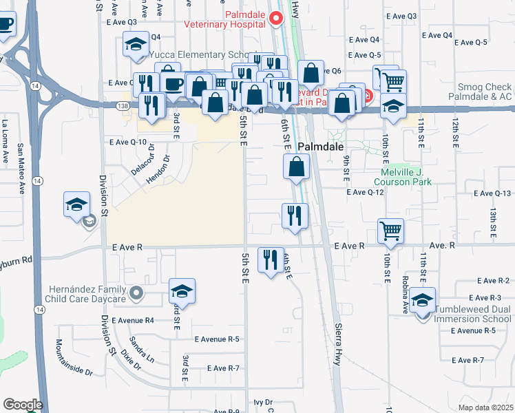 map of restaurants, bars, coffee shops, grocery stores, and more near 38210 5th Street East in Palmdale