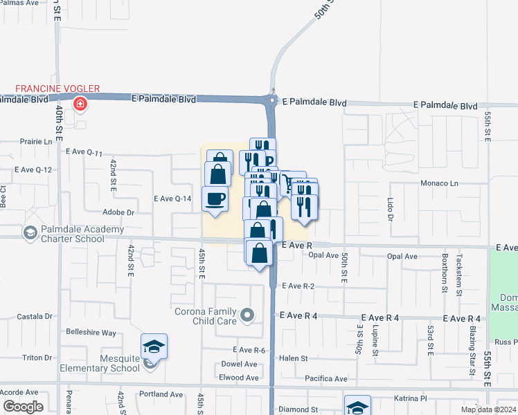 map of restaurants, bars, coffee shops, grocery stores, and more near 38045 47th Street East in Palmdale