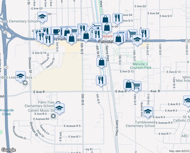 map of restaurants, bars, coffee shops, grocery stores, and more near East Avenue Q12 in Palmdale