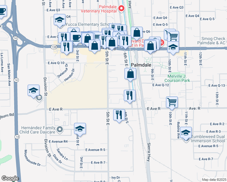 map of restaurants, bars, coffee shops, grocery stores, and more near 38210 5th Street East in Palmdale