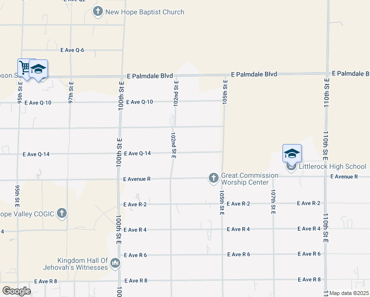 map of restaurants, bars, coffee shops, grocery stores, and more near 10221 East Avenue Q-14 in Littlerock