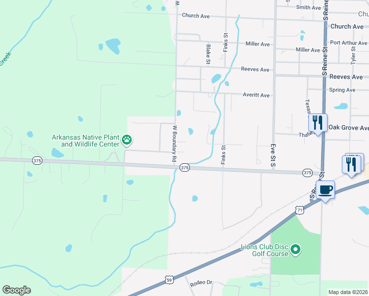 map of restaurants, bars, coffee shops, grocery stores, and more near 2705 Doris Drive in Mena