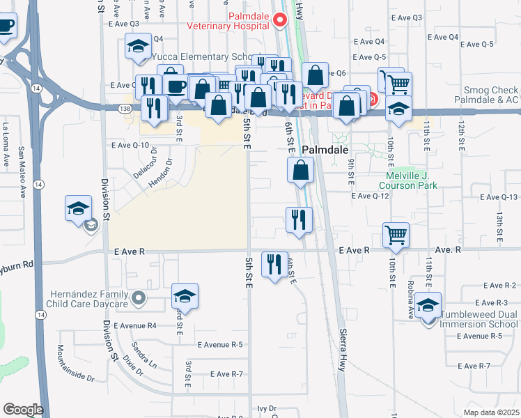 map of restaurants, bars, coffee shops, grocery stores, and more near 38210 5th Street East in Palmdale