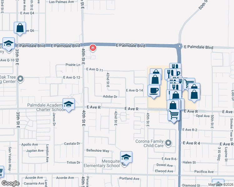 map of restaurants, bars, coffee shops, grocery stores, and more near 38053 Pinion Ct in Palmdale