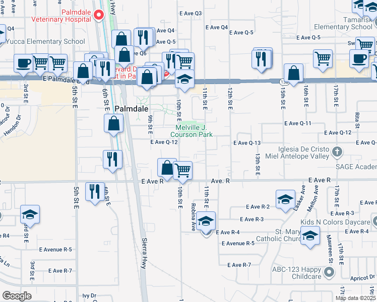 map of restaurants, bars, coffee shops, grocery stores, and more near 38114 10th Street East in Palmdale