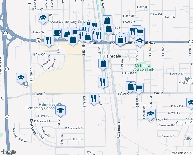map of restaurants, bars, coffee shops, grocery stores, and more near 550 East Avenue Q12 in Palmdale
