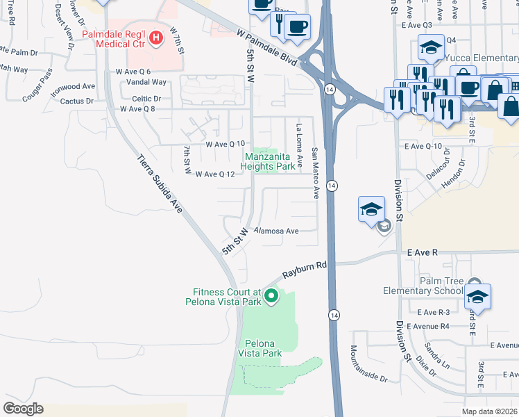 map of restaurants, bars, coffee shops, grocery stores, and more near 38115 Miramonte Avenue in Palmdale