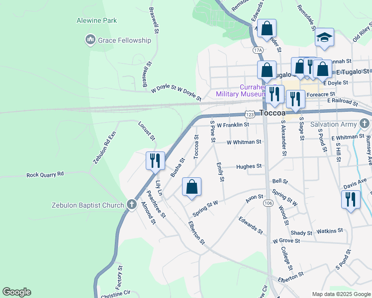 map of restaurants, bars, coffee shops, grocery stores, and more near 62 Busha Street in Toccoa