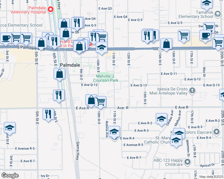 map of restaurants, bars, coffee shops, grocery stores, and more near 38115 11th Street East in Palmdale