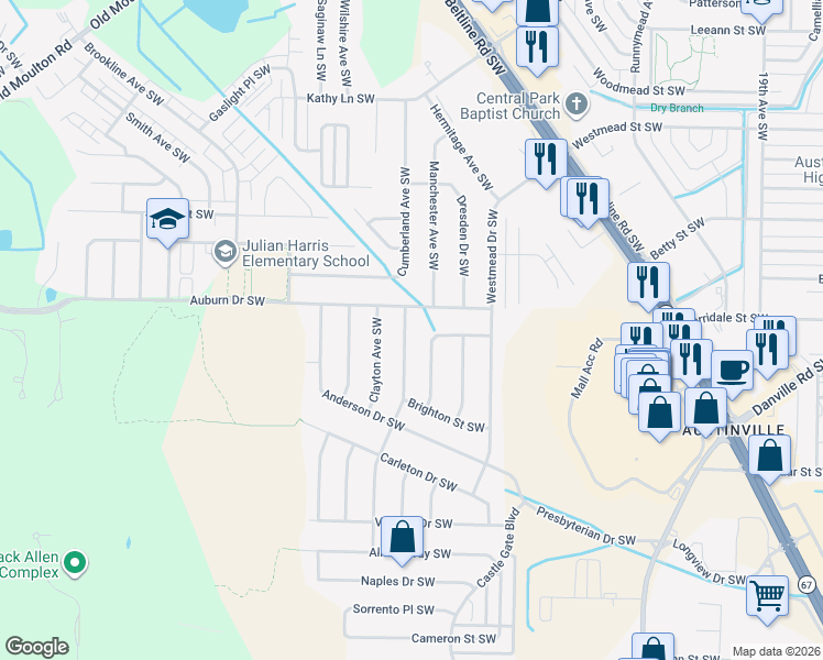 map of restaurants, bars, coffee shops, grocery stores, and more near 2004 Jefferson Avenue Southwest in Decatur