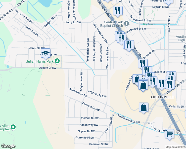 map of restaurants, bars, coffee shops, grocery stores, and more near 2214 Essex Drive Southwest in Decatur