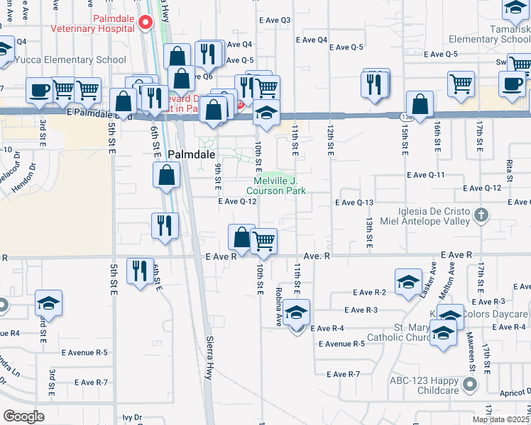 map of restaurants, bars, coffee shops, grocery stores, and more near 38114 10th Street East in Palmdale