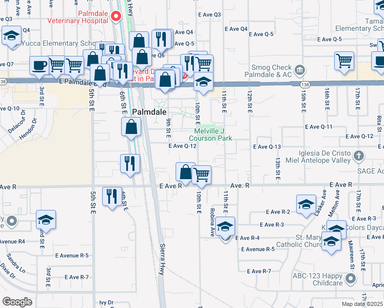 map of restaurants, bars, coffee shops, grocery stores, and more near 936 East Avenue Q-12 in Palmdale