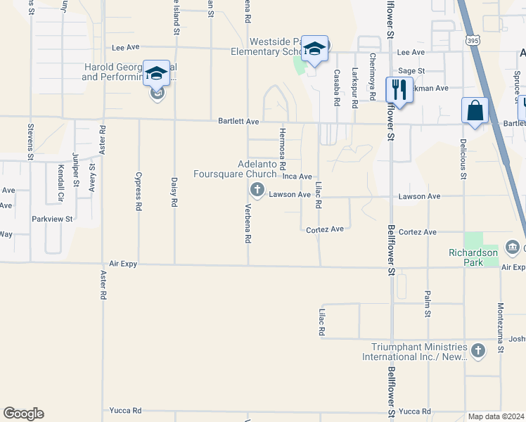 map of restaurants, bars, coffee shops, grocery stores, and more near Calico Road in Adelanto