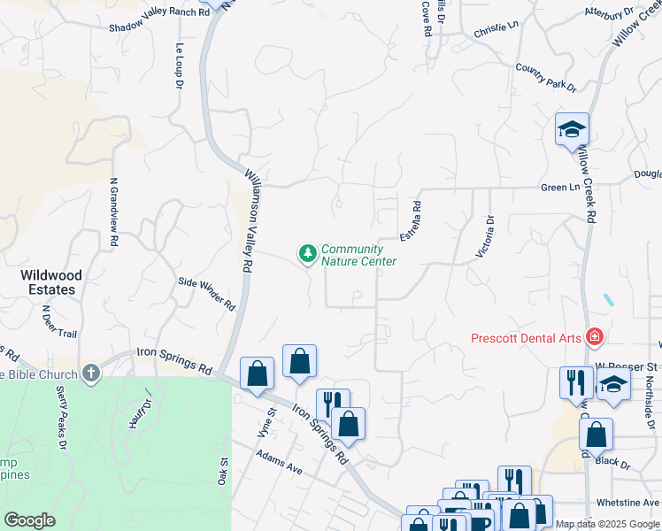 map of restaurants, bars, coffee shops, grocery stores, and more near 1218 Linda Vista Lane in Prescott