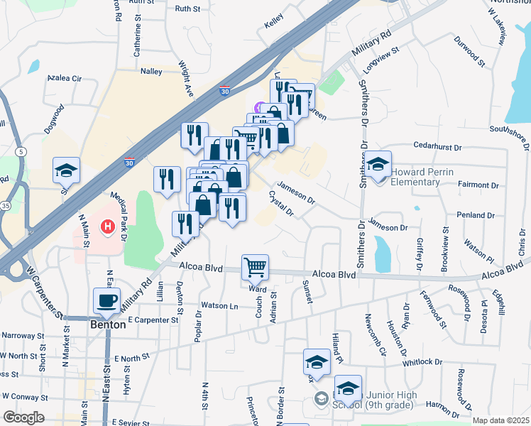 map of restaurants, bars, coffee shops, grocery stores, and more near 1215 Military Rd in Benton