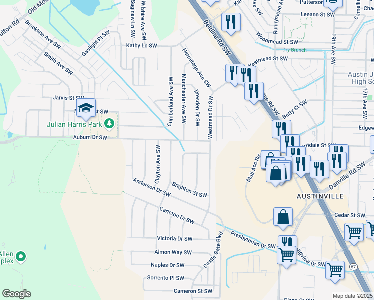map of restaurants, bars, coffee shops, grocery stores, and more near 2214 Essex Drive Southwest in Decatur