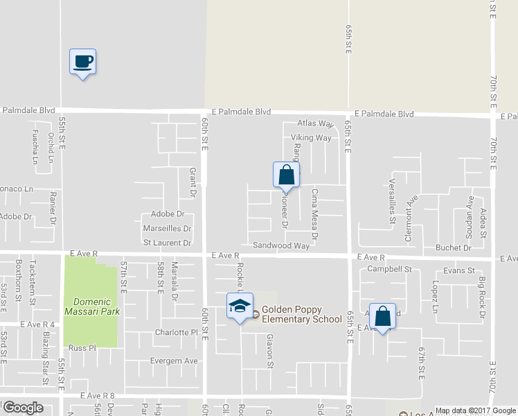 map of restaurants, bars, coffee shops, grocery stores, and more near 6134 Archwood Way in Palmdale