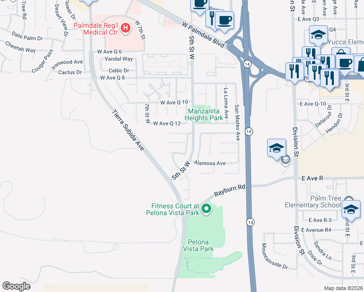 map of restaurants, bars, coffee shops, grocery stores, and more near 526 Morningside Terrace in Palmdale