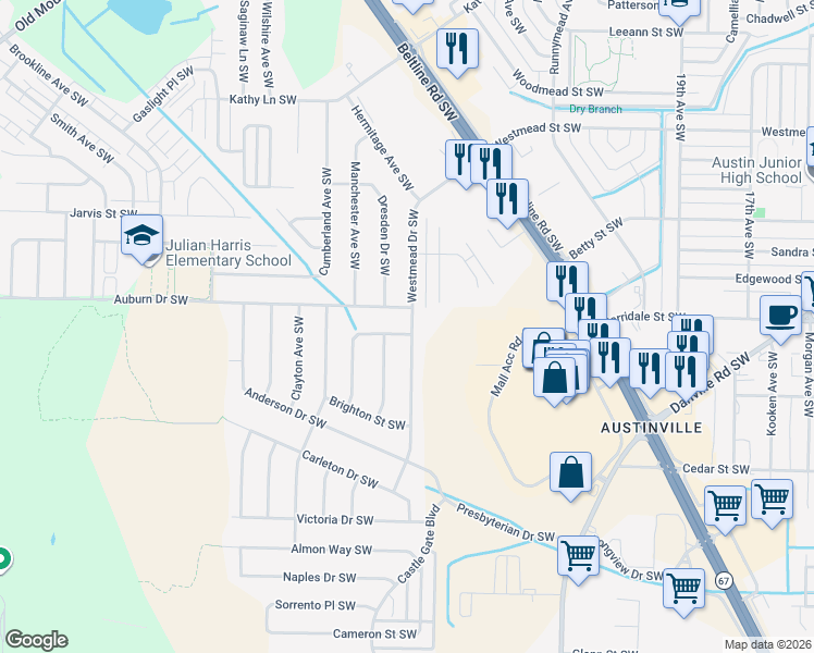 map of restaurants, bars, coffee shops, grocery stores, and more near 2202 Essex Drive Southwest in Decatur