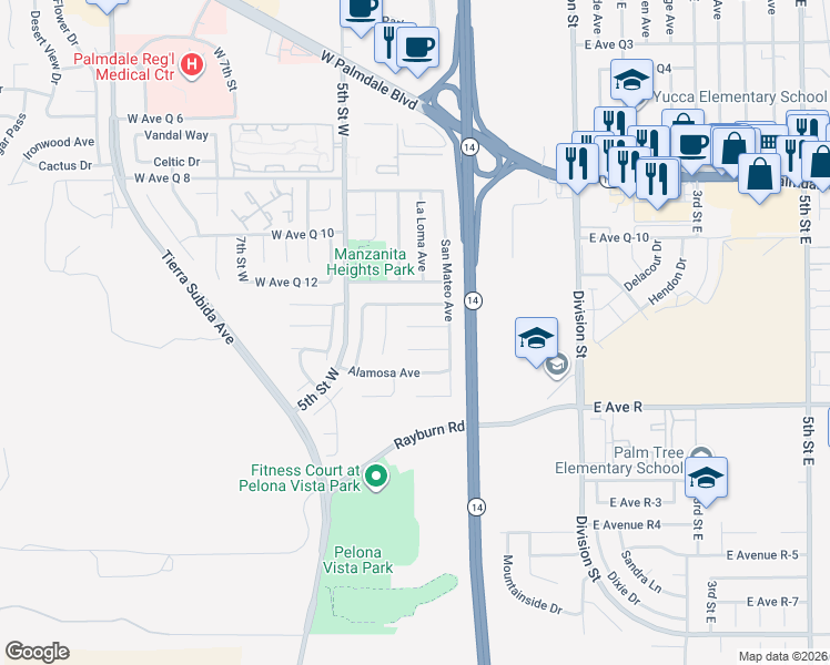 map of restaurants, bars, coffee shops, grocery stores, and more near 360 Morningside Terrace in Palmdale