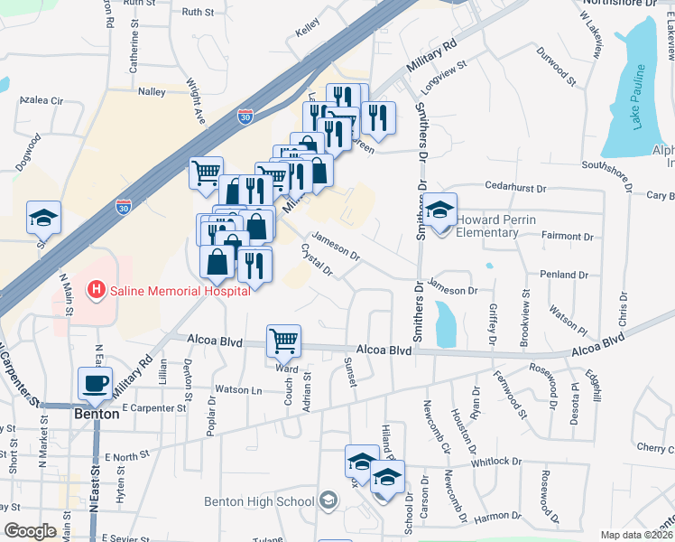 map of restaurants, bars, coffee shops, grocery stores, and more near 1302 Crystal Drive in Benton
