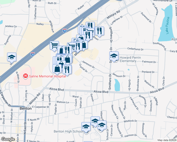 map of restaurants, bars, coffee shops, grocery stores, and more near 1302 Crystal Drive in Benton