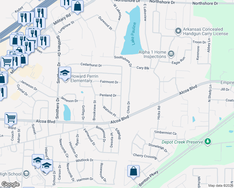 map of restaurants, bars, coffee shops, grocery stores, and more near 2118 Penland Drive in Benton