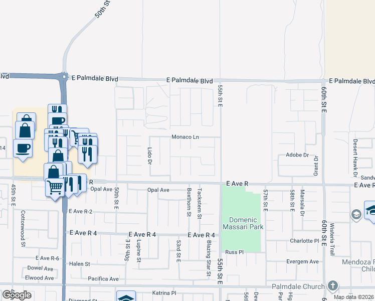 map of restaurants, bars, coffee shops, grocery stores, and more near 38117 Boxthorn Street in Palmdale