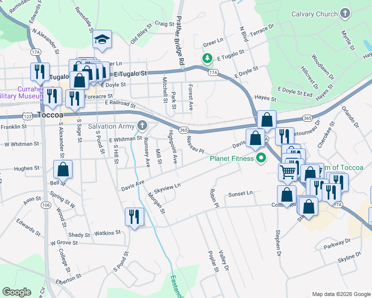 map of restaurants, bars, coffee shops, grocery stores, and more near 39 Saxon Place in Toccoa