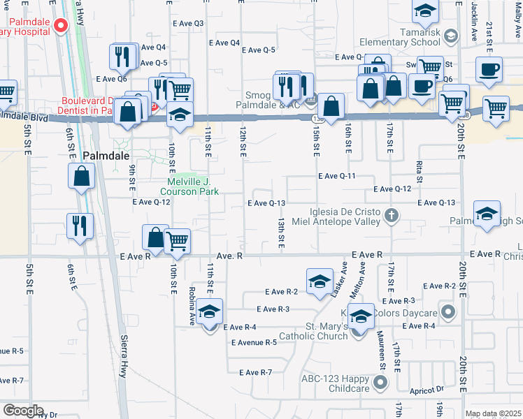 map of restaurants, bars, coffee shops, grocery stores, and more near 1224 East Avenue Q13 in Palmdale
